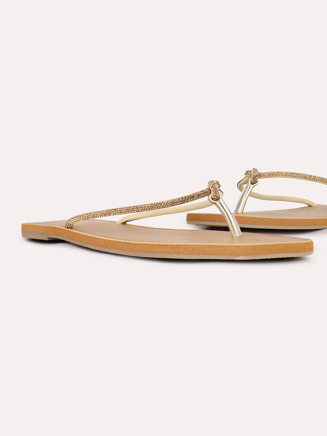 Womens Golden Casual Striped T-Strap Flats