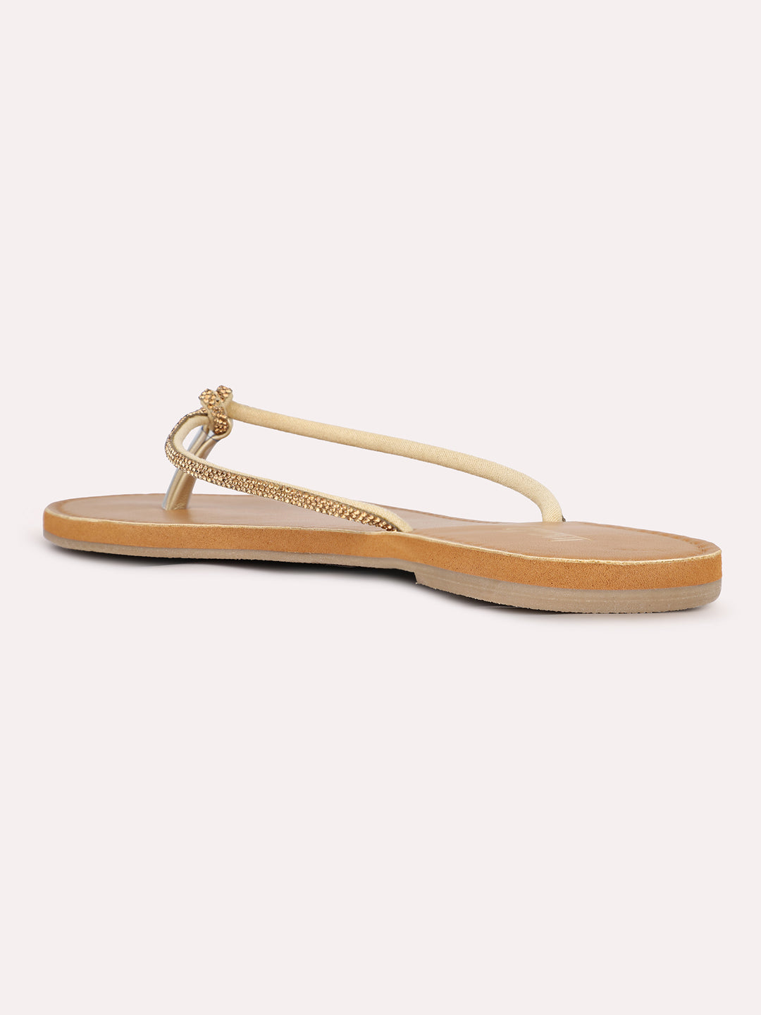 Womens Golden Casual Striped T-Strap Flats