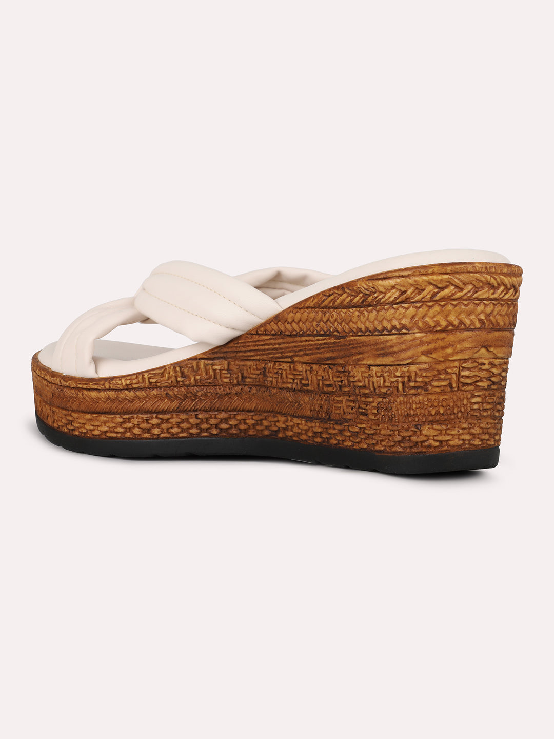 Womens Cream Party Wear Solid Round Toe Wedges Heels