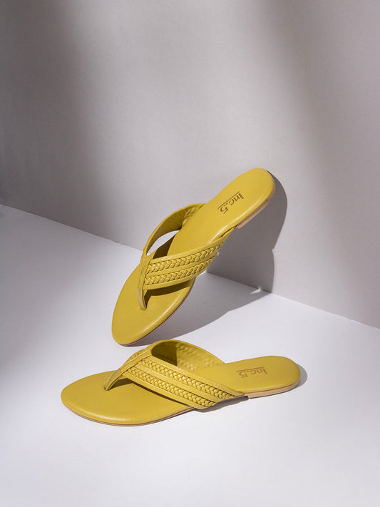 Womens Yellow Casual Solid T-Strap Flats