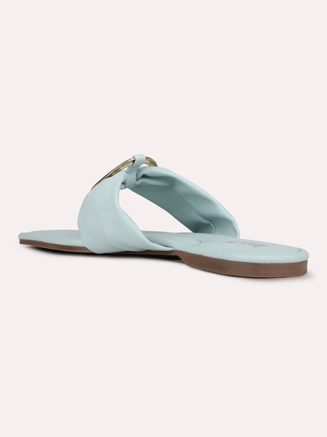 Womens Blue Solid T-Strap Casual Slip-On Flats