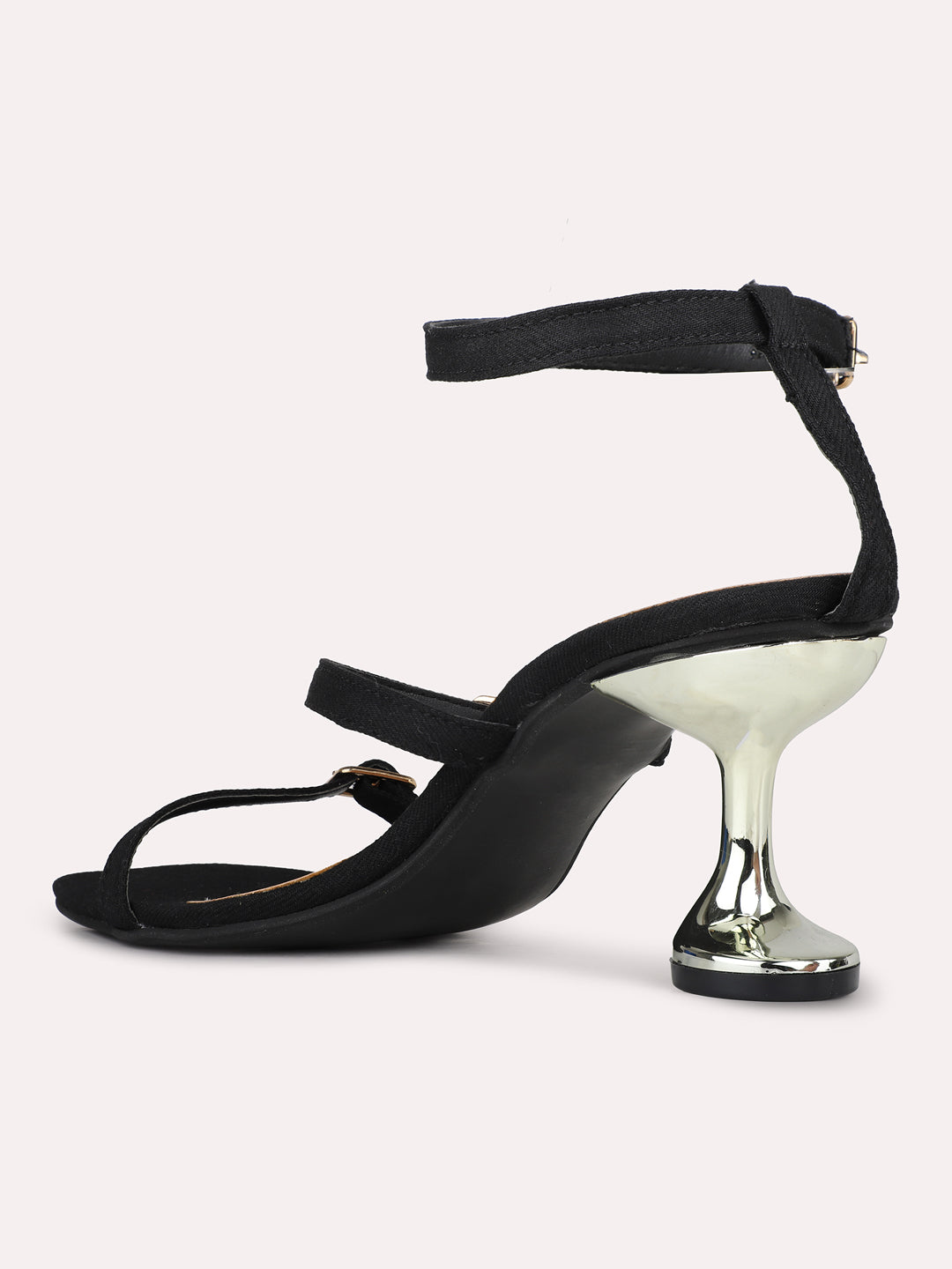 Womens Black Party Wear Striped Square Toe Block Heel Sandals