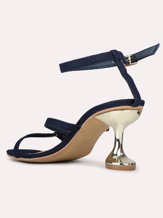 Womens Navy Party Wear Striped Square Toe Block Heel Sandals