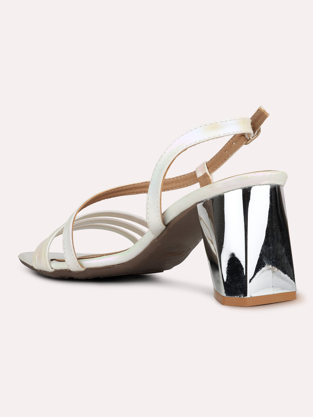 Womens Ivory Striped Square Toe Party Wear Block Heel Sandals