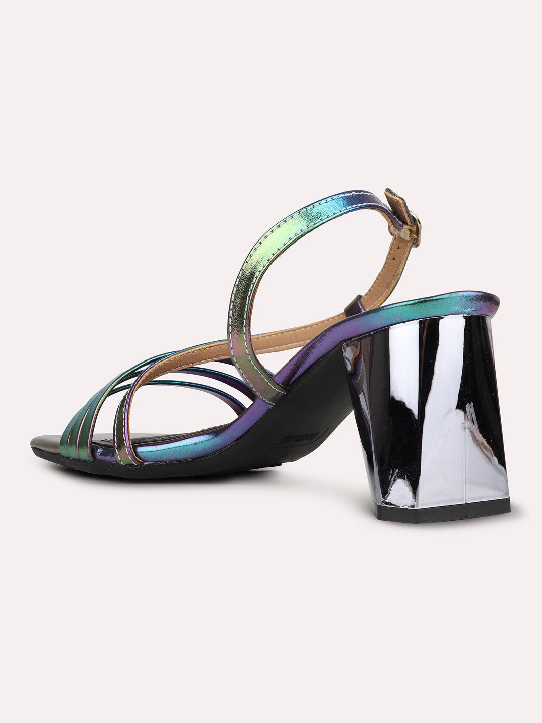 Womens Multi Striped Square Toe Party Wear Block Heel Sandals