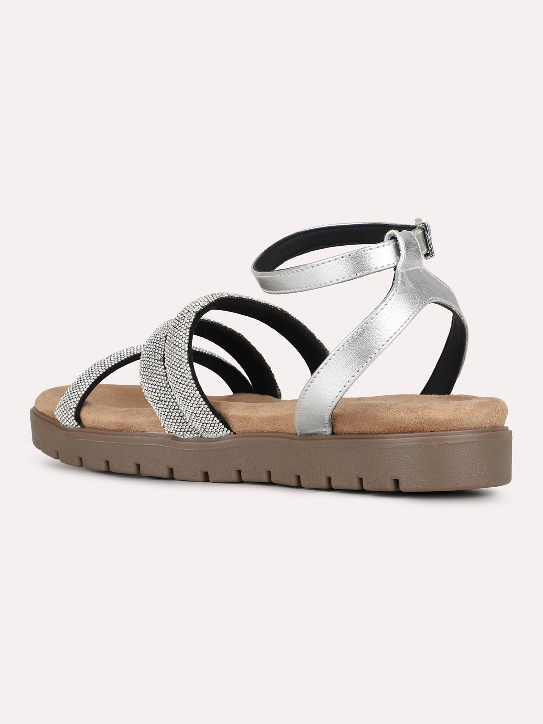 Womens Silver Casual Striped Round Toe Sandals