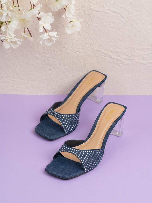 Womens Navy Party Wear Solid Square Toe Block Heel Sandals