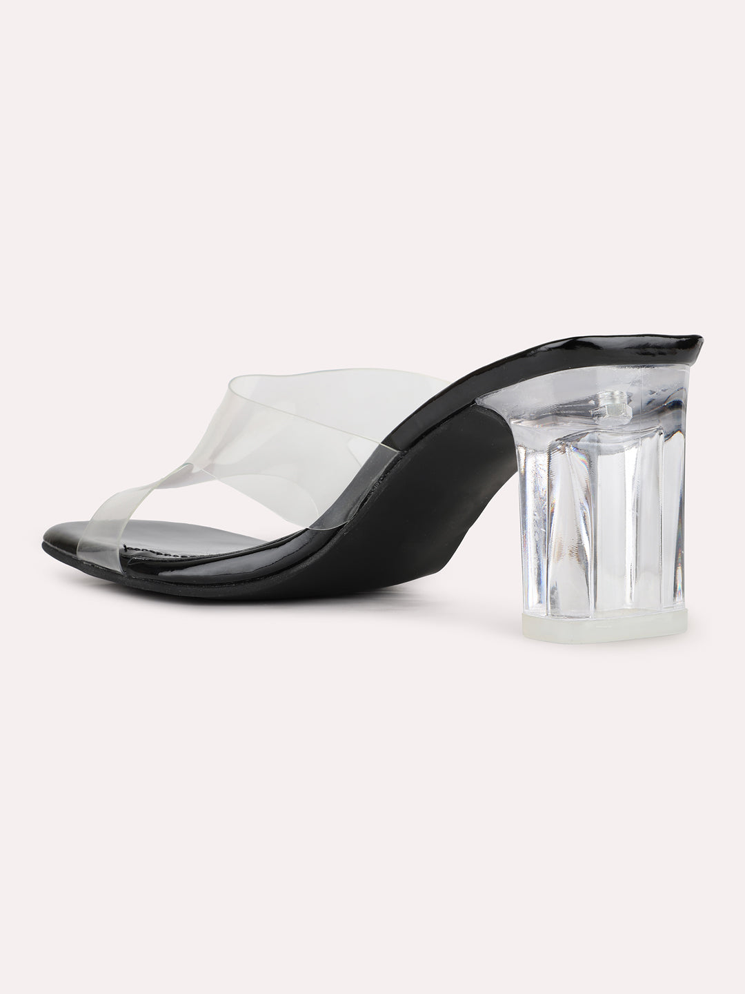 Womens Black Party Wear Transparent Square Toe Block Heel Sandals