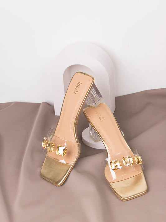 Womens Golden Transparent Square Toe Party Wear Block Heel Sandals