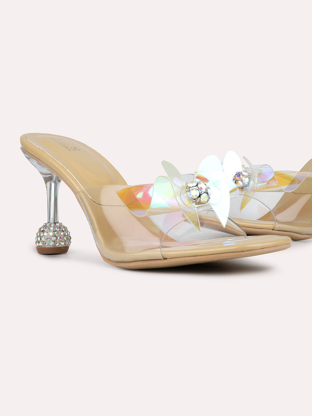 Womens Beige Transparent Square Toe Party Wear Block Heel Sandals