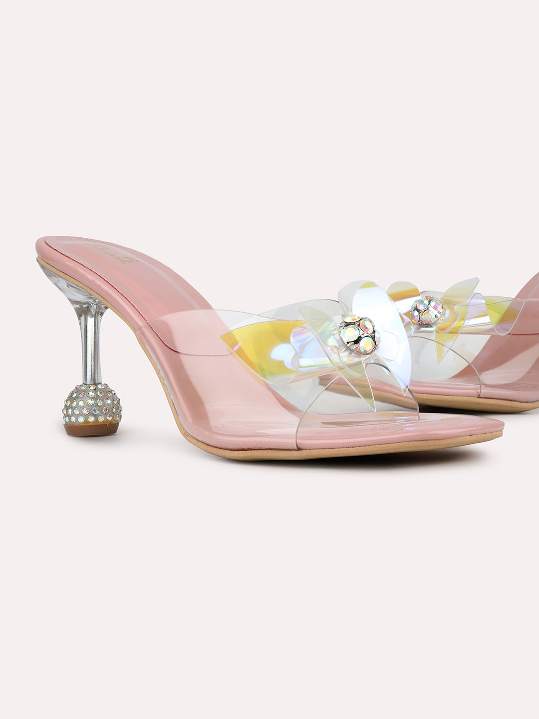 Womens Peach Transparent Square Toe Party Wear Block Heel Sandals