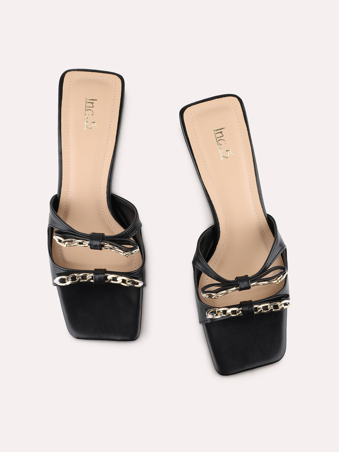 Womens Black Party Wear Embellished Square Toe Block Heel Sandals