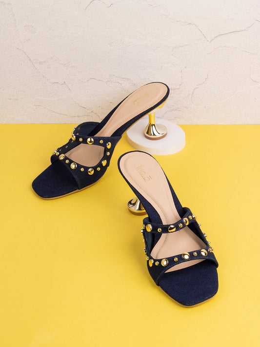 Womens Navy Embellished Square Toe Party Wear Block Heel Sandals