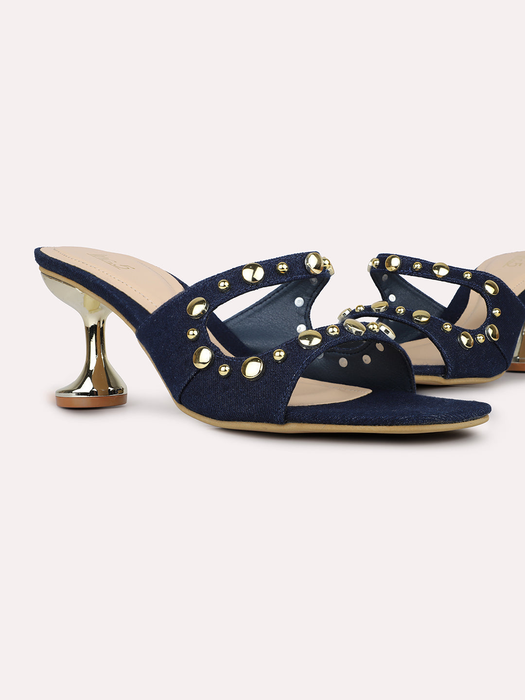 Womens Navy Embellished Square Toe Party Wear Block Heel Sandals