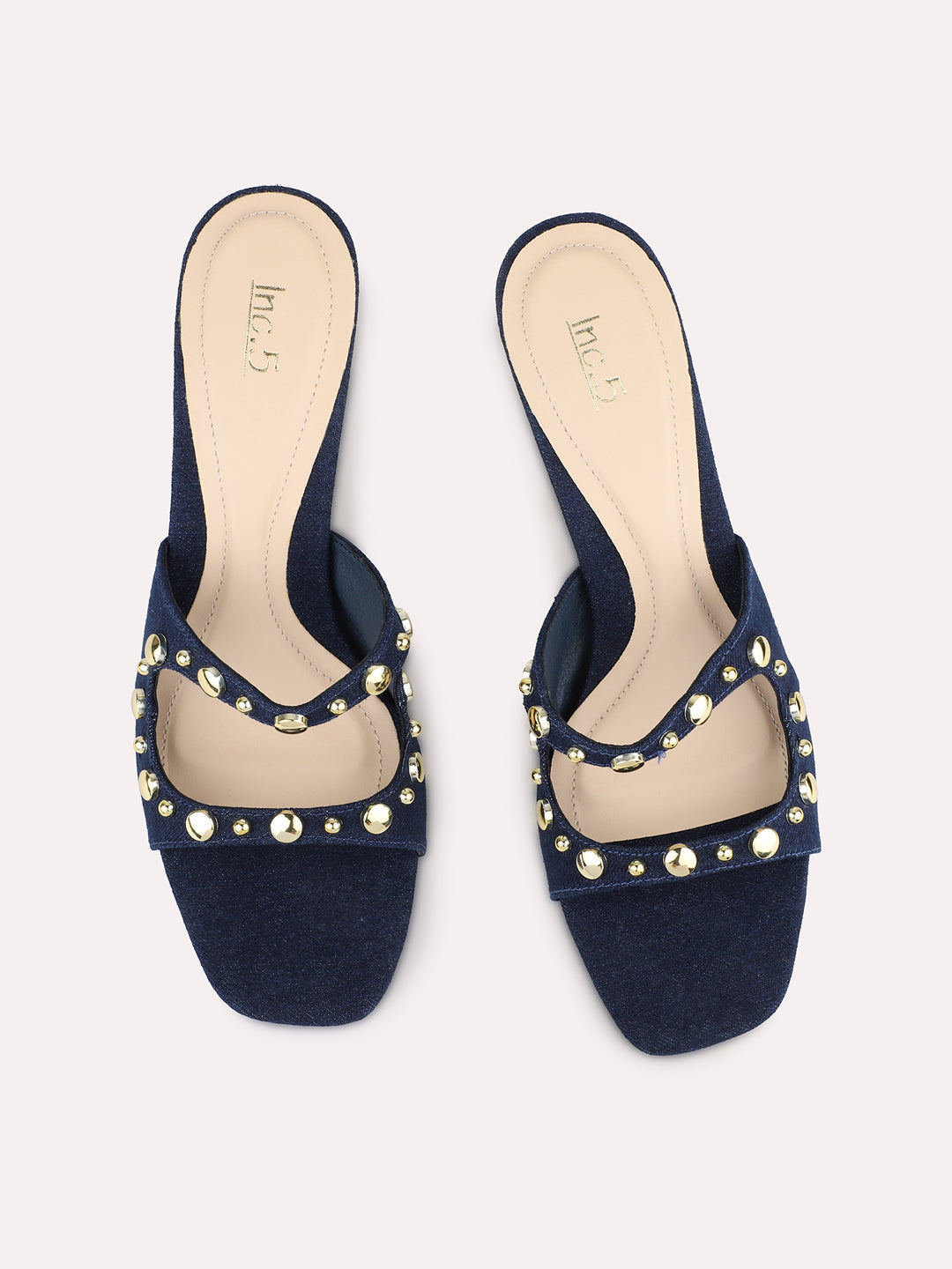 Womens Navy Embellished Square Toe Party Wear Block Heel Sandals