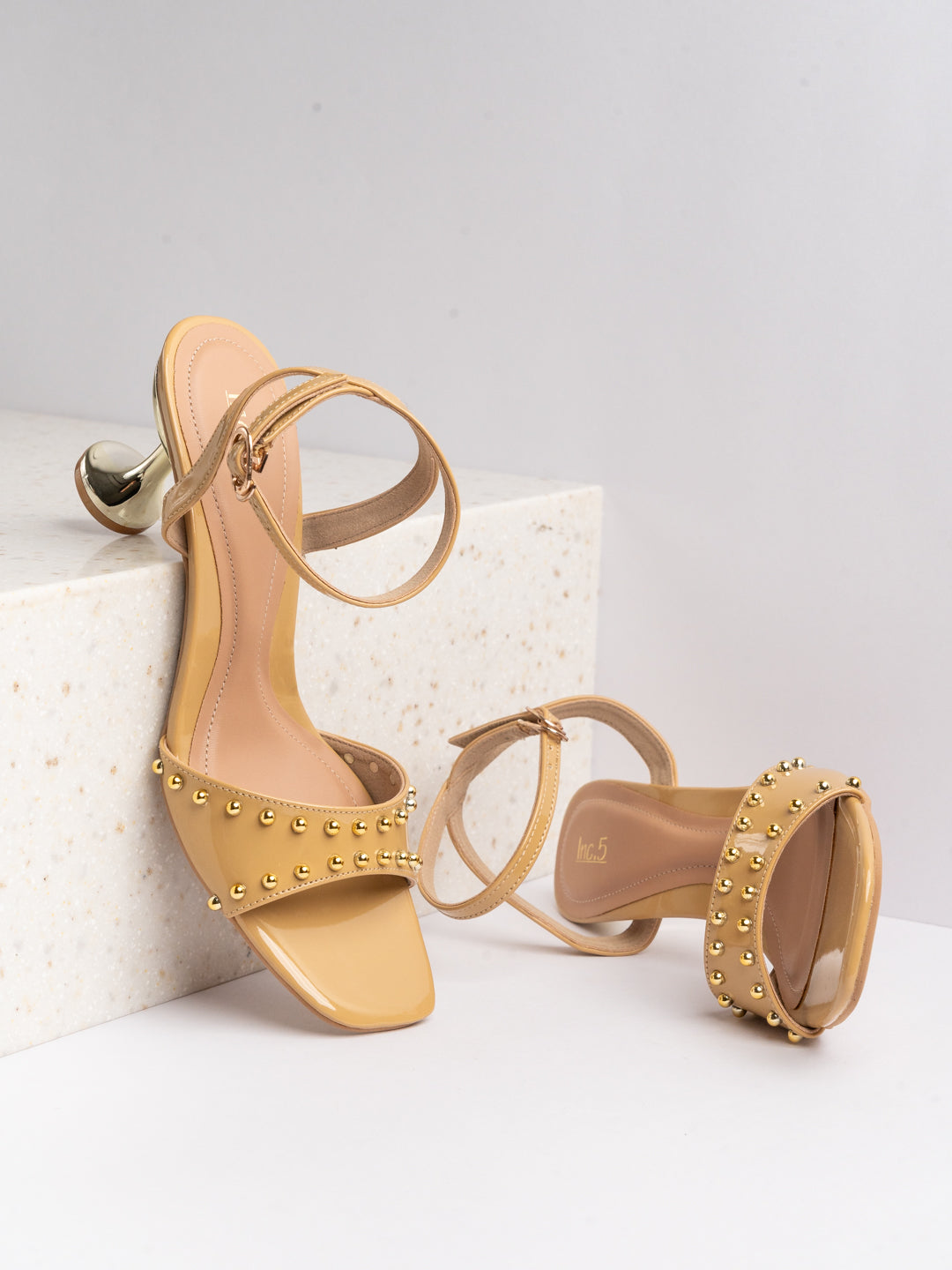 Womens Beige Party Wear Embellished Square Toe Block Heel Sandals