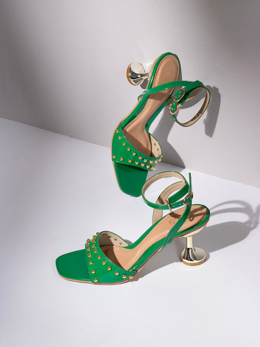 Womens Green Party Wear Embellished Square Toe Block Heel Sandals