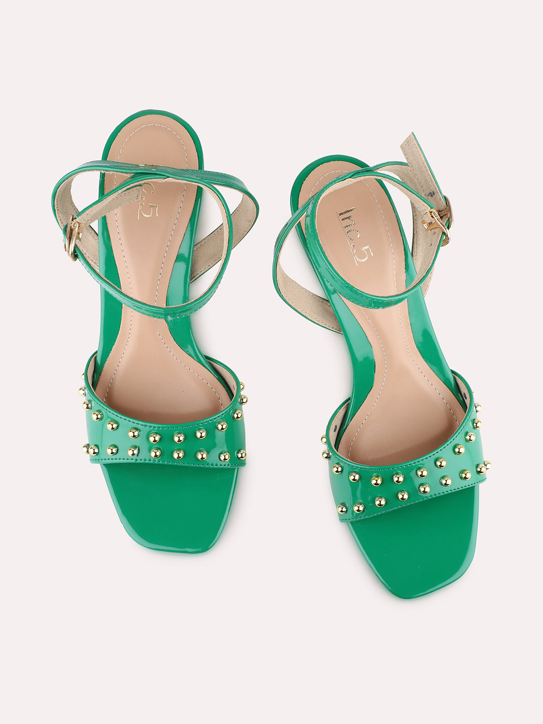 Womens Green Party Wear Embellished Square Toe Block Heel Sandals