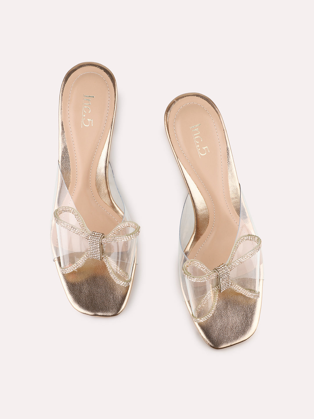 Womens Rose Gold Party Wear Transparent Square Toe Block Heels