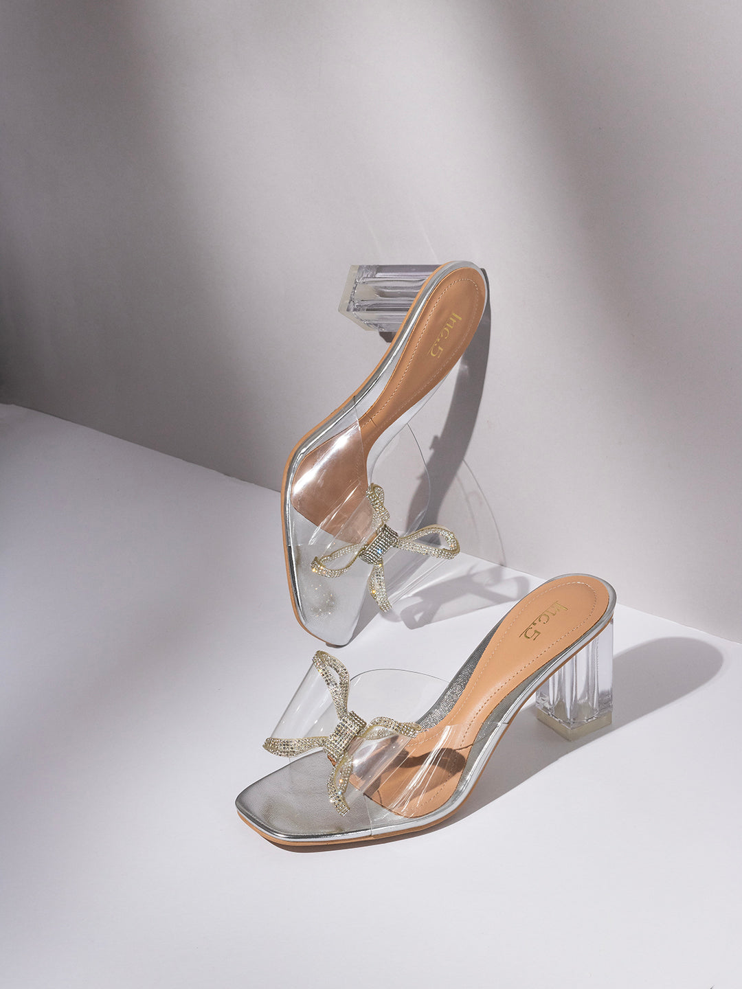 Womens Silver Party Wear Transparent Square Toe Block Heel Sandals