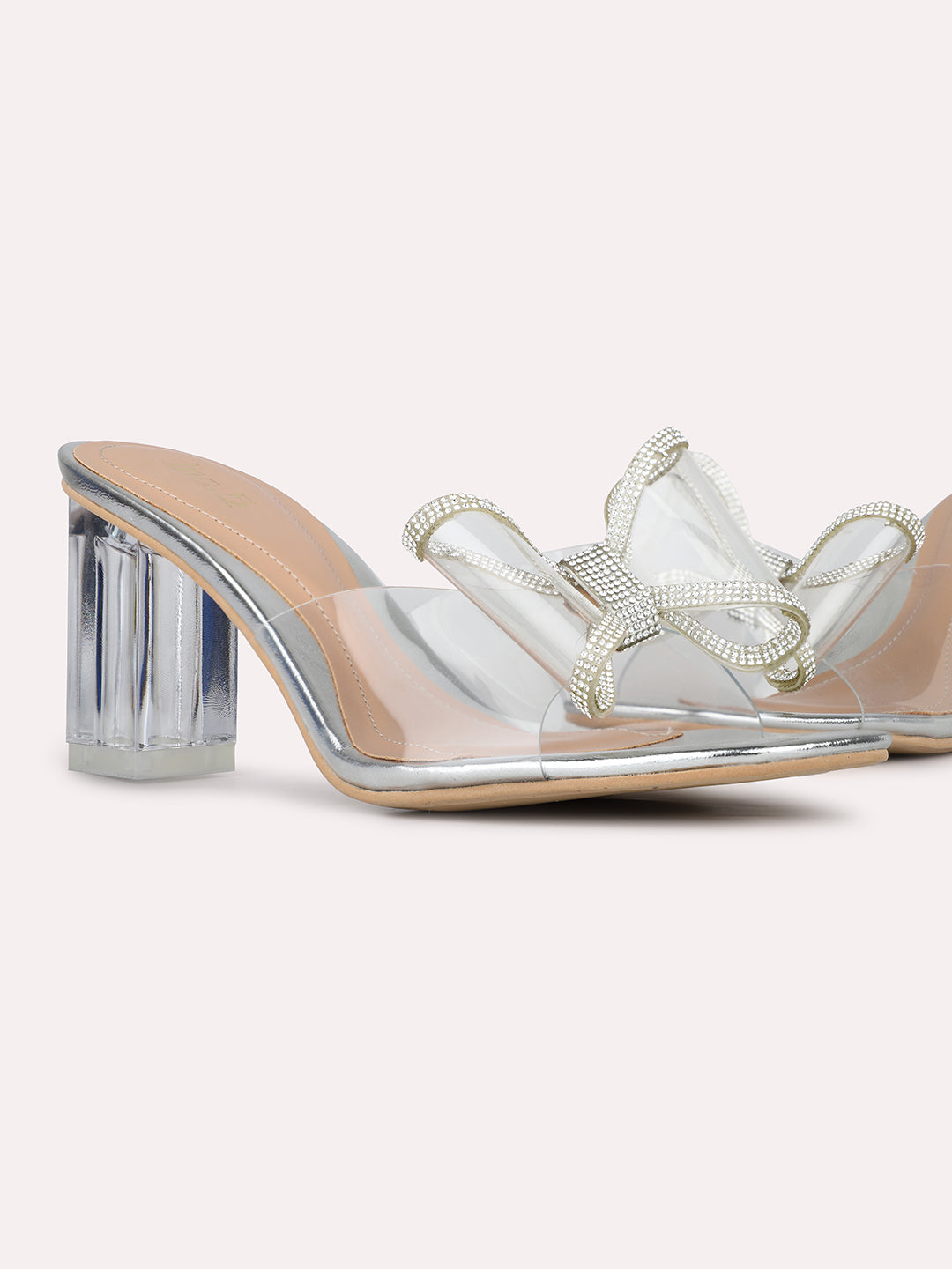 Womens Silver Party Wear Transparent Square Toe Block Heels