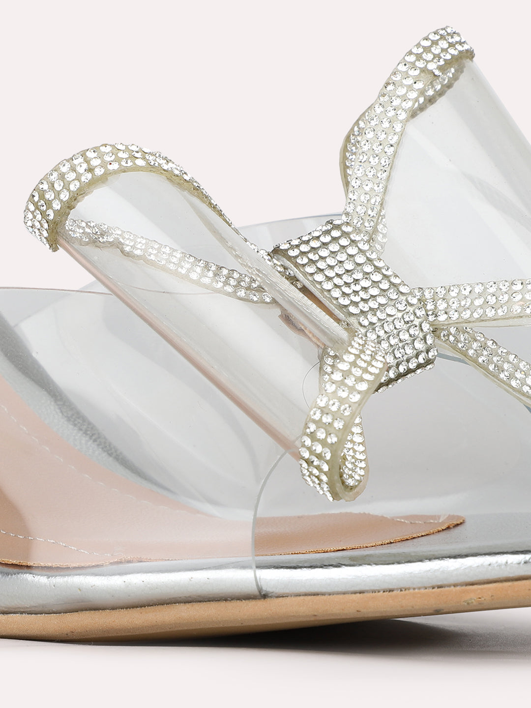 Womens Silver Party Wear Transparent Square Toe Block Heels