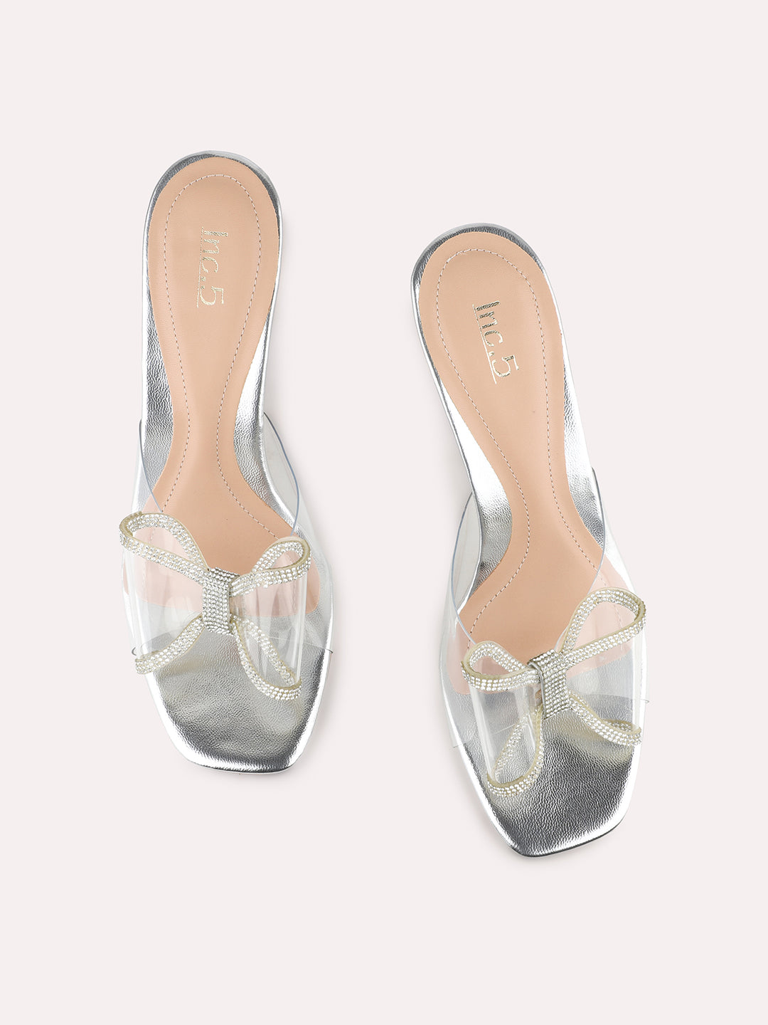 Womens Silver Party Wear Transparent Square Toe Block Heels