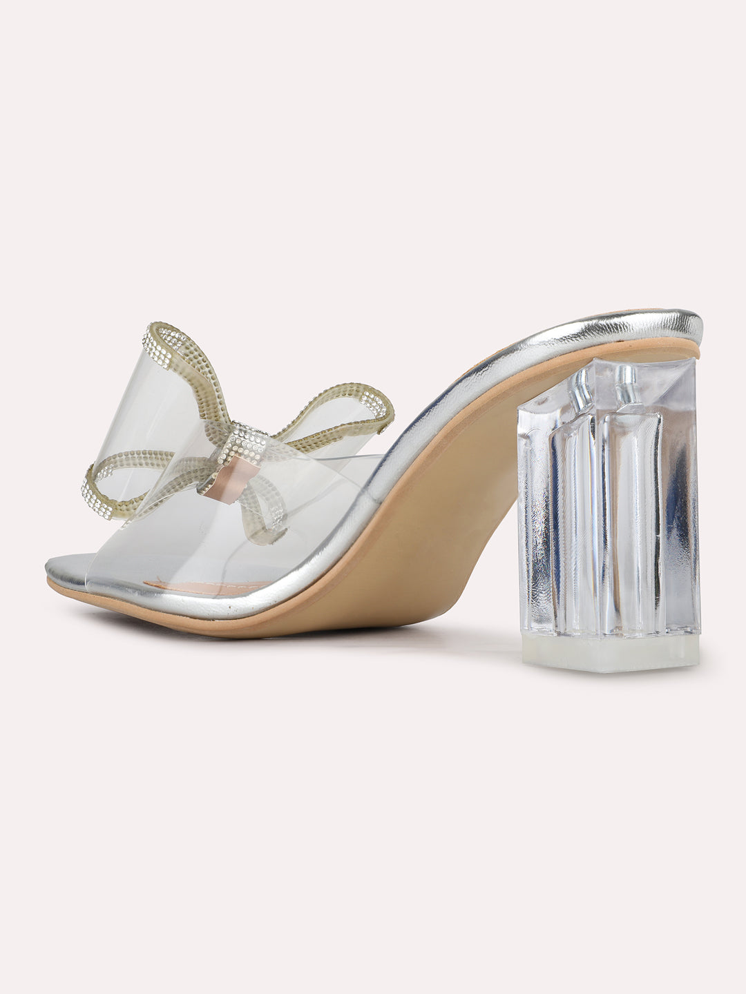 Womens Silver Party Wear Transparent Square Toe Block Heel Sandals