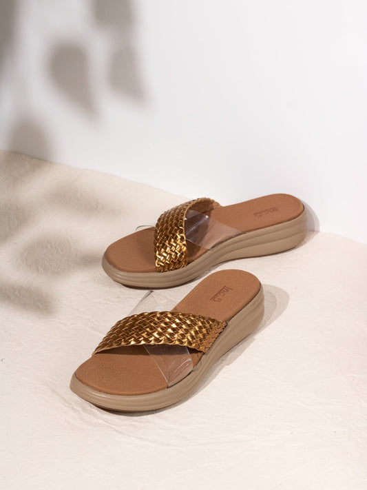 Womens Golden Casual Embellished Round Toe Sandal