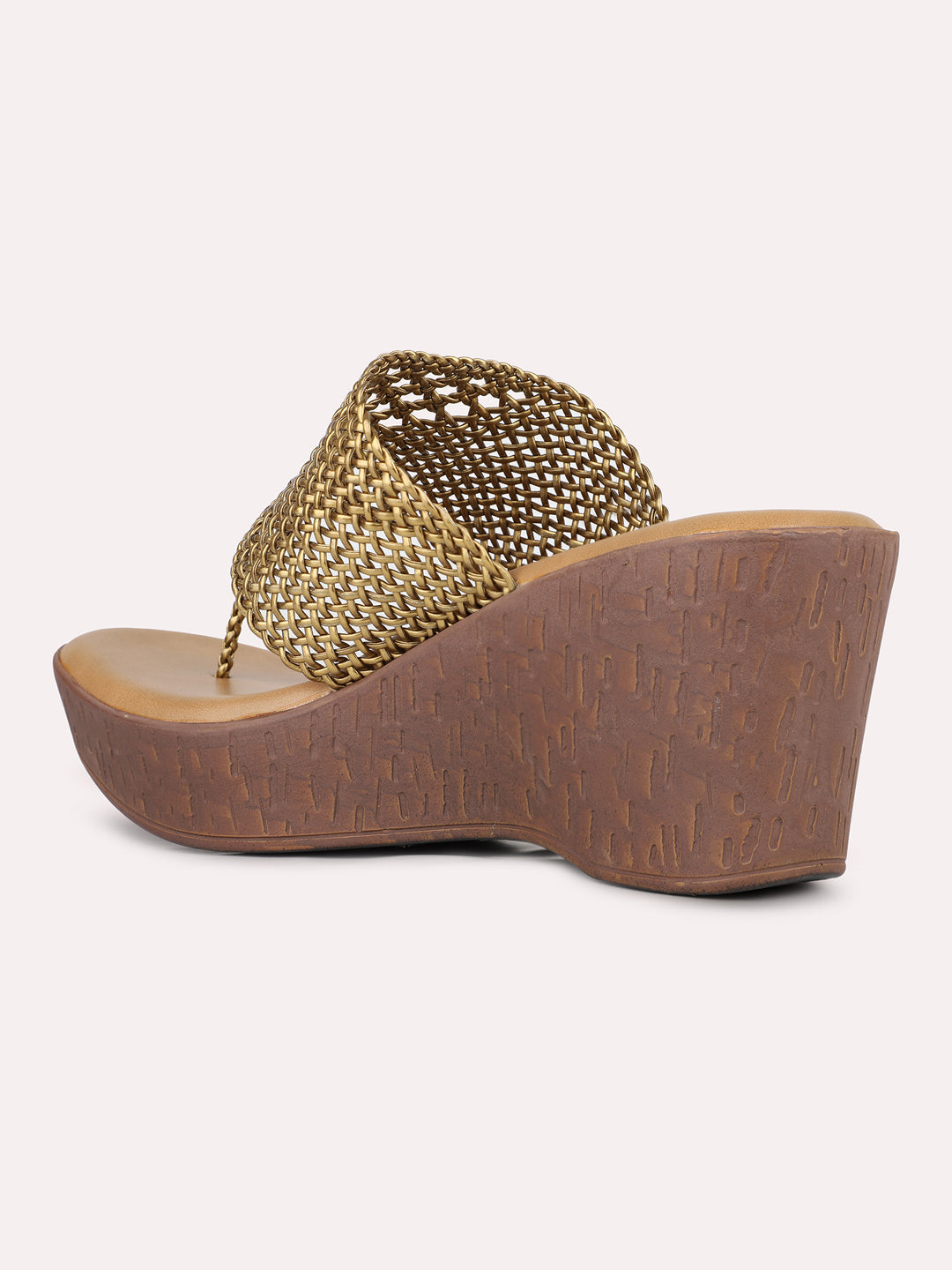 Womens Gold Party Wear Embellished Round Toe Wedges Heel Sandals