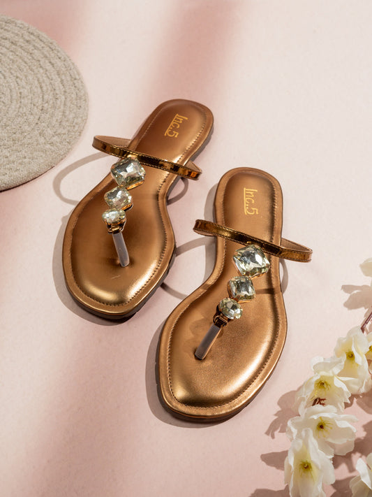 Womens Golden Casual Embellished T-Strap Flats