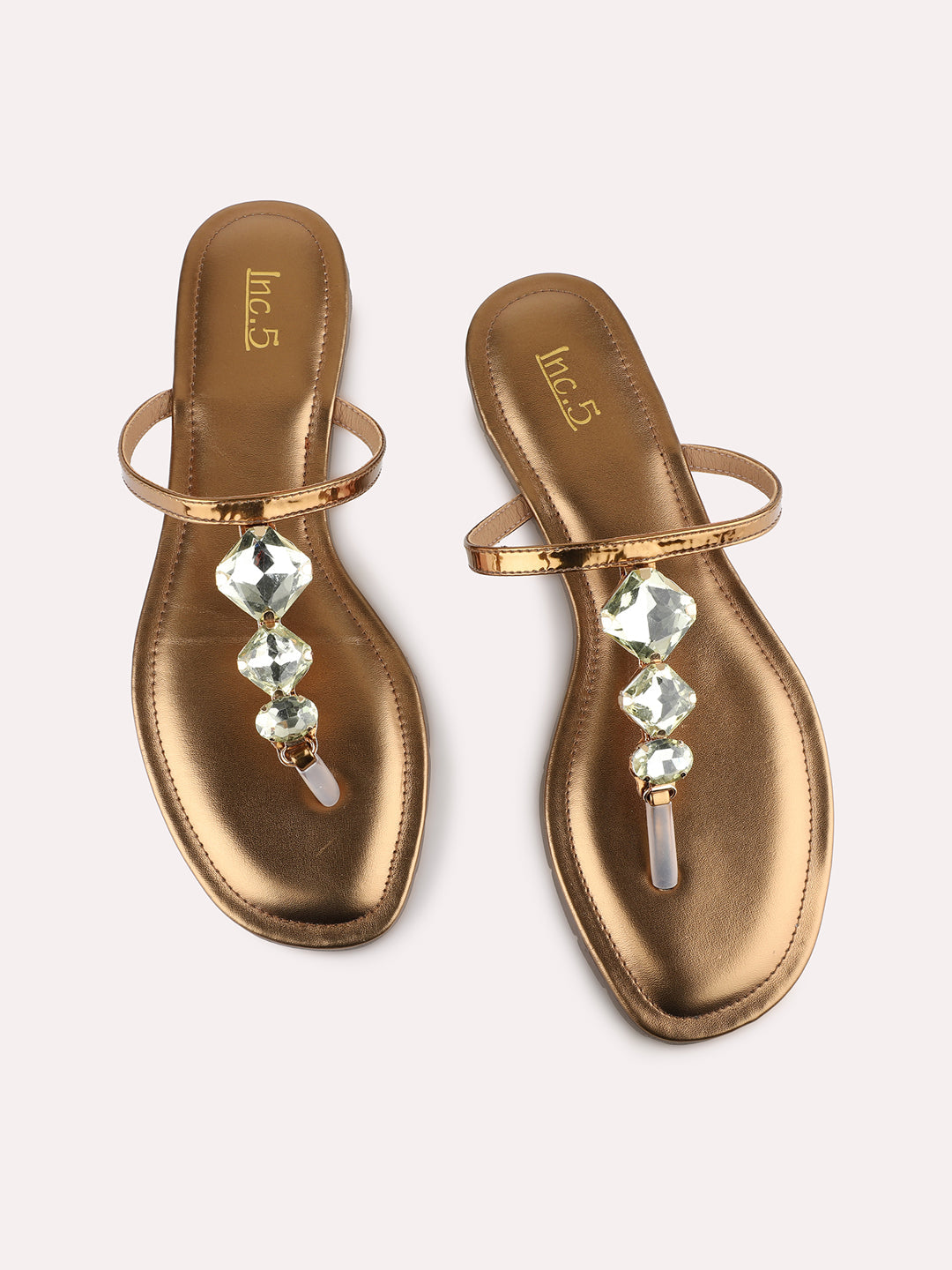 Womens Golden Casual Embellished T-Strap Flats