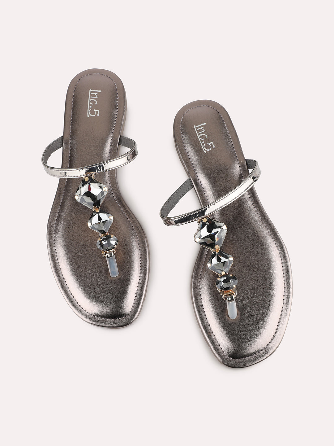 Womens Pewter Casual Embellished T-Strap Flats