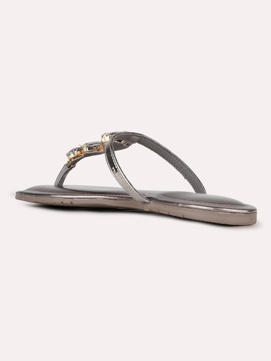 Womens Pewter Casual Embellished T-Strap Flats