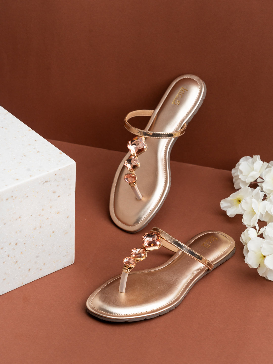 Womens Rose Gold Casual Embellished T-Strap Flats