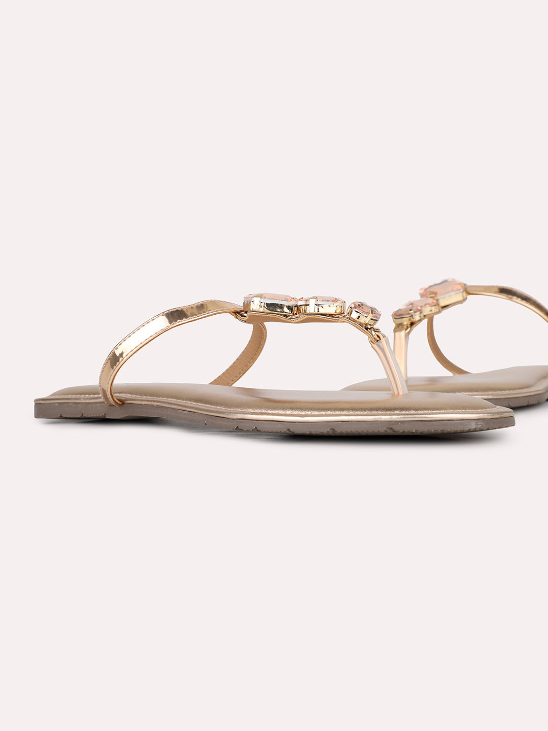 Womens Rose Gold Casual Embellished T-Strap Flats