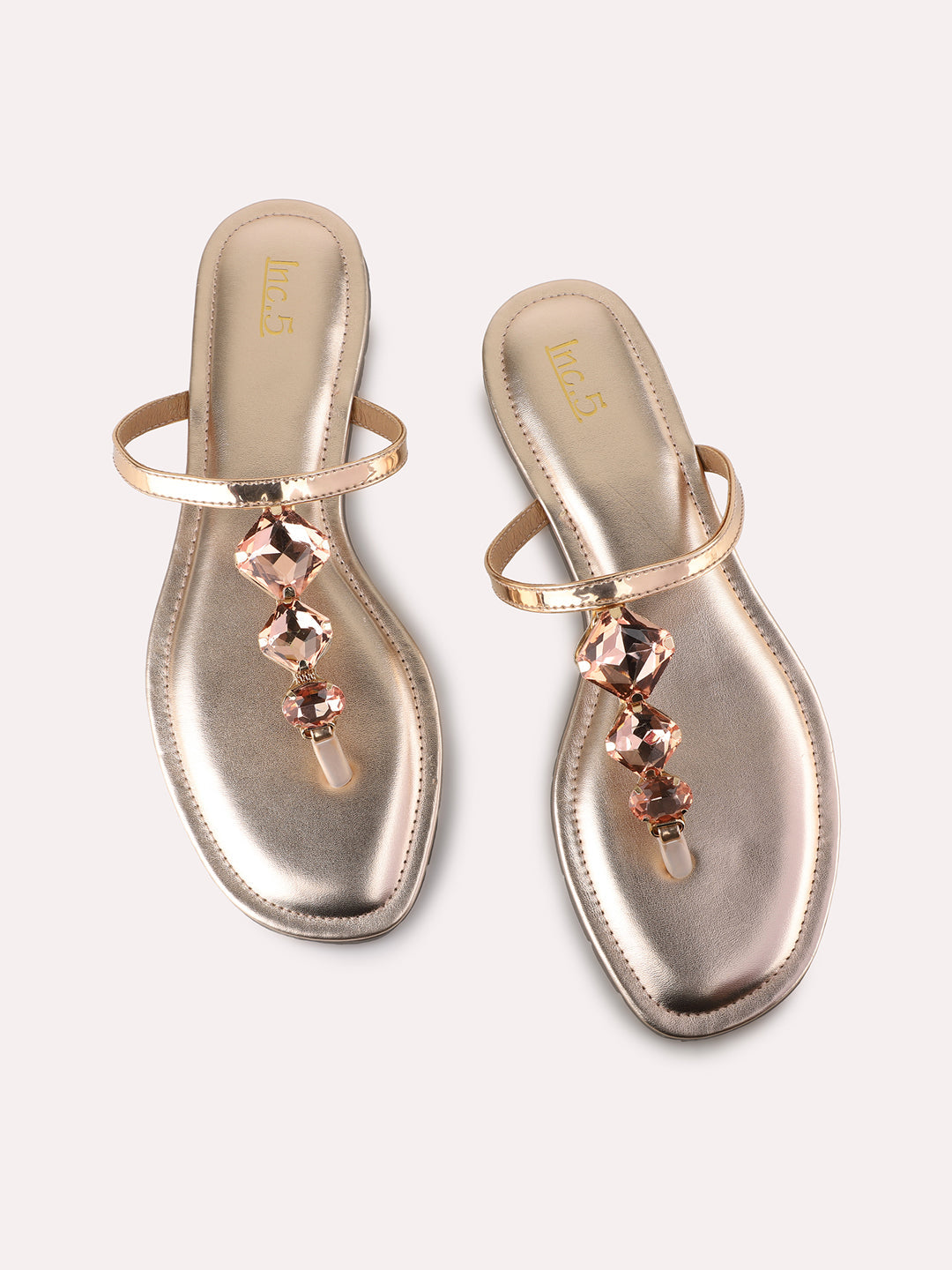 Womens Rose Gold Casual Embellished T-Strap Flats