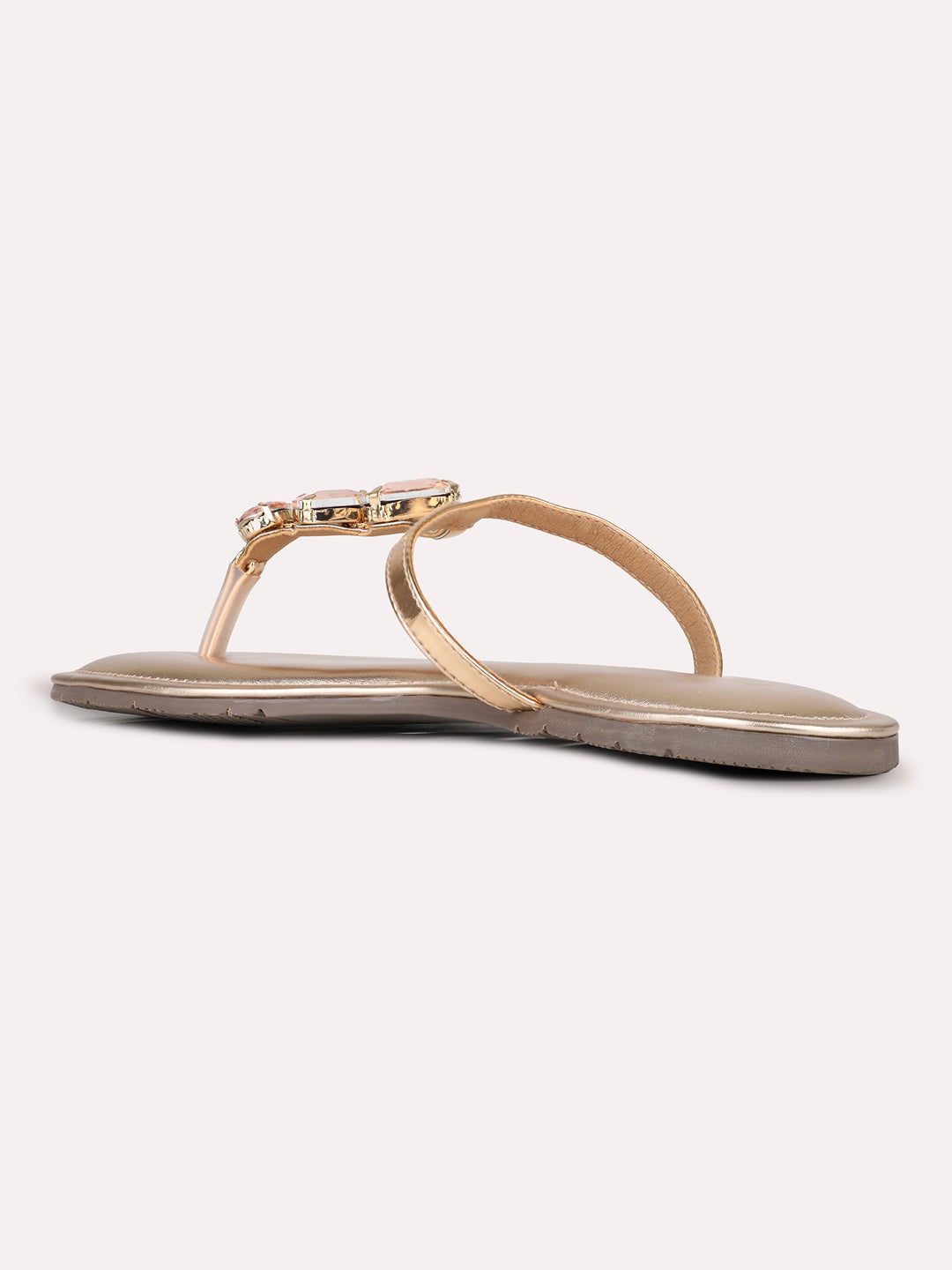 Womens Rose Gold Casual Embellished T-Strap Flats