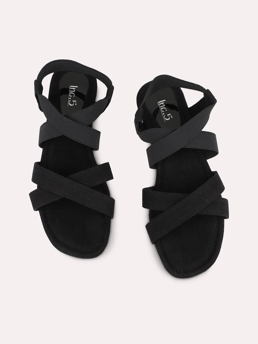 Womens Black Striped Open Toe Casual Flats