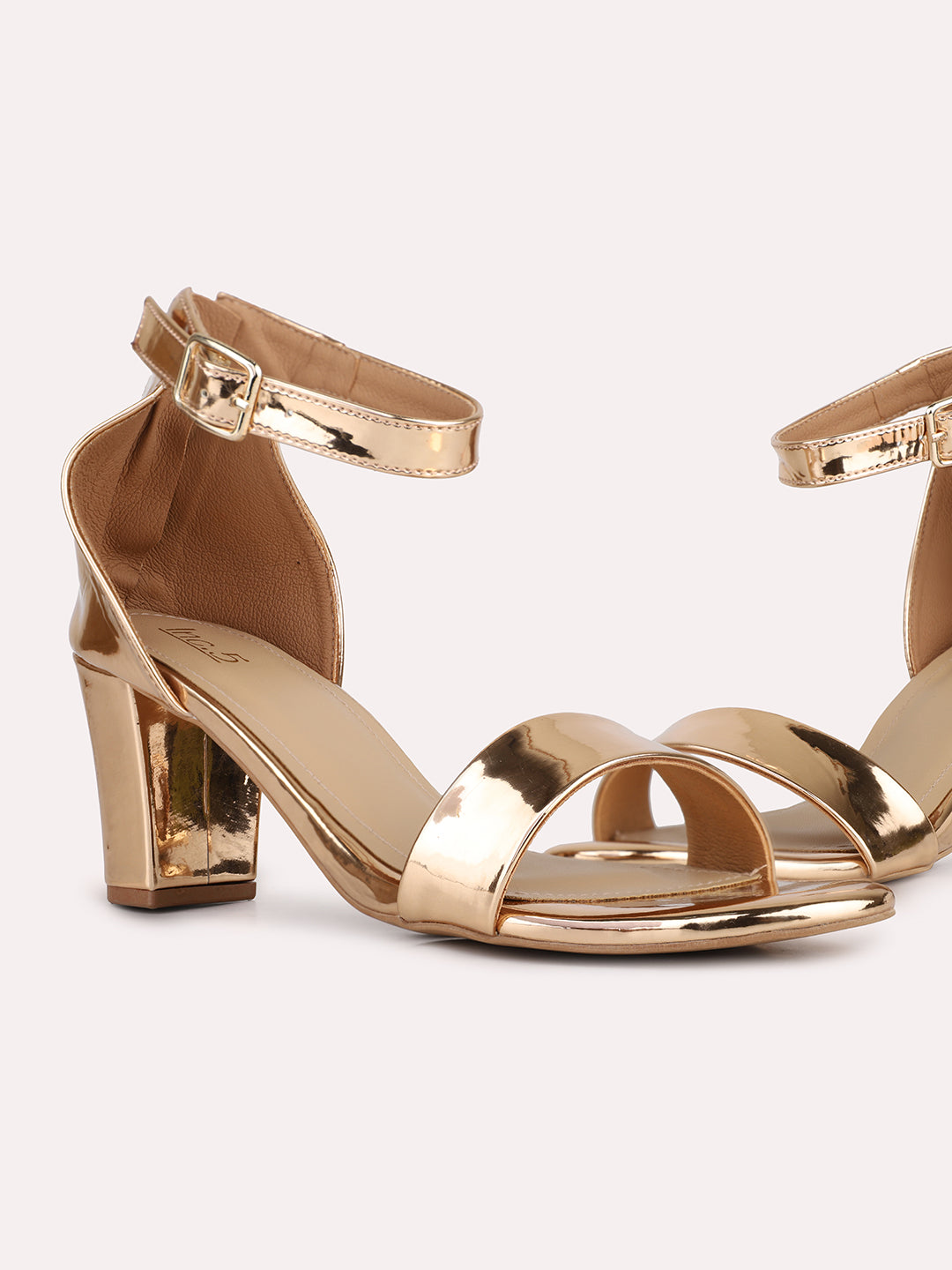 Womens Rose Gold Party Wear Solid Square Toe Block Heel Sandals