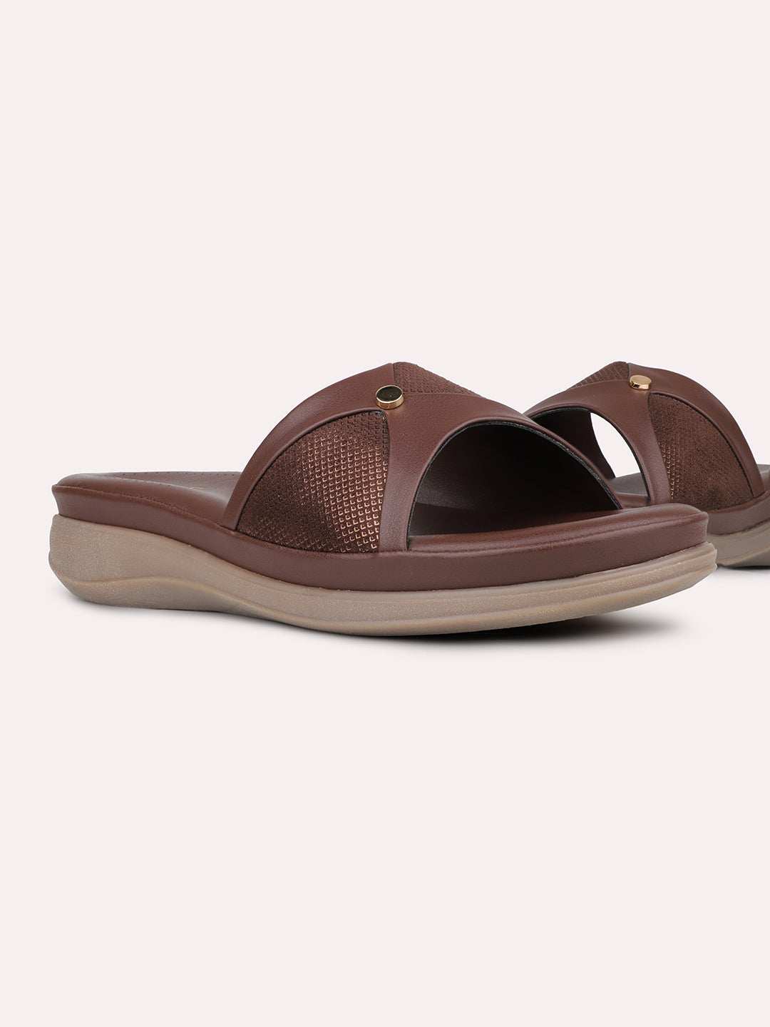 Womens Brown Solid Round Toe Casual Slip-On Flats