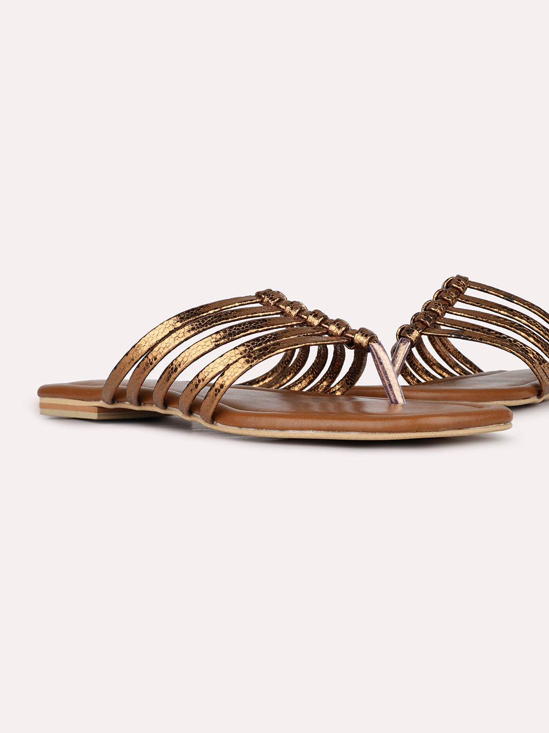 Womens Golden Casual Striped T-Strap Flats Sandals