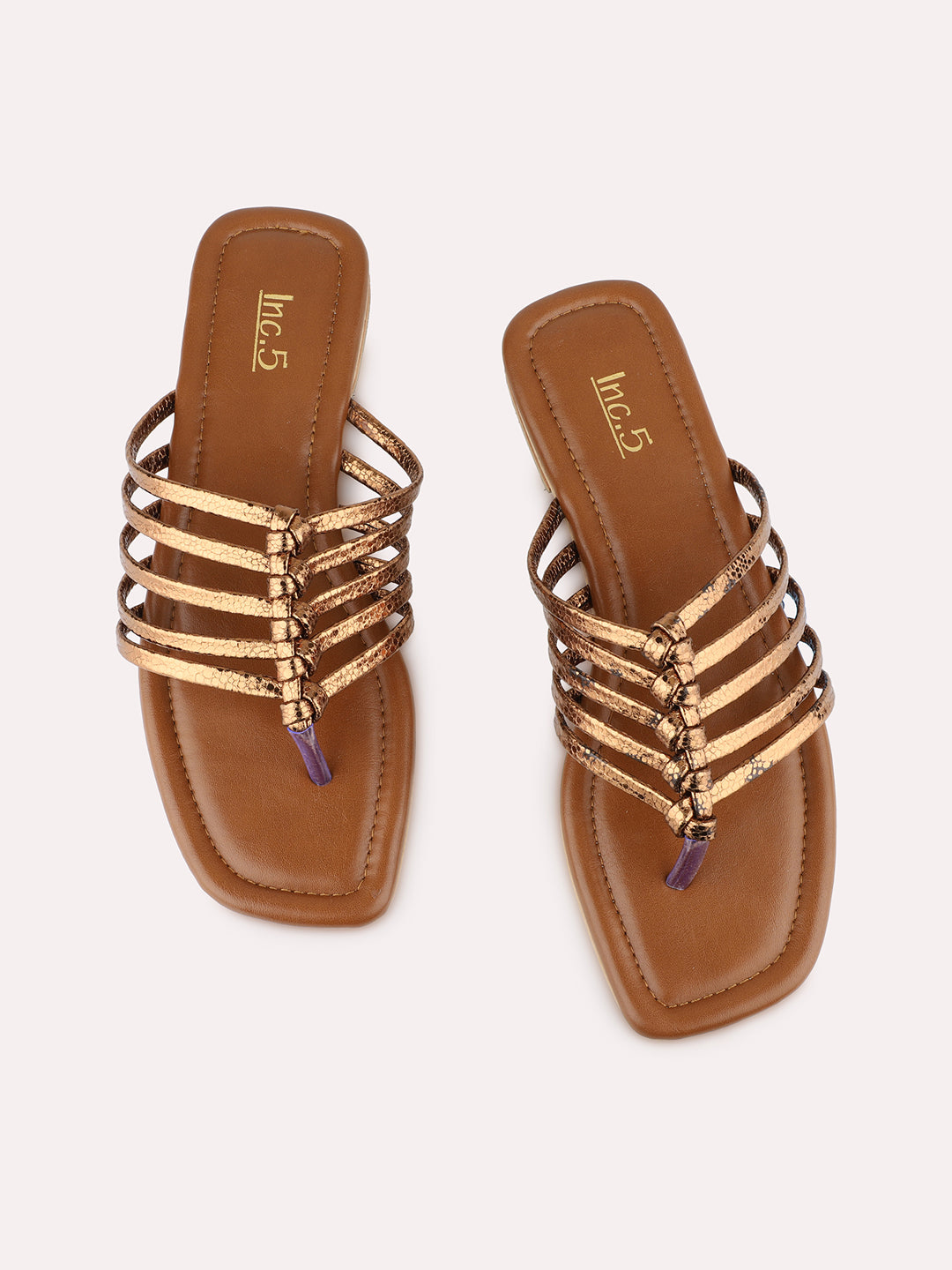 Womens Golden Casual Striped T-Strap Flats Sandals