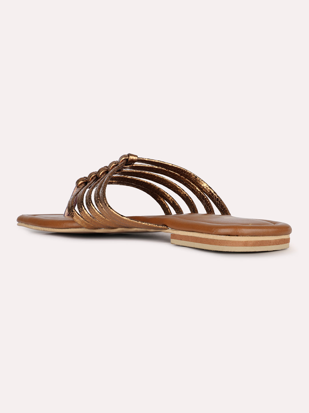 Womens Golden Casual Striped T-Strap Flats Sandals