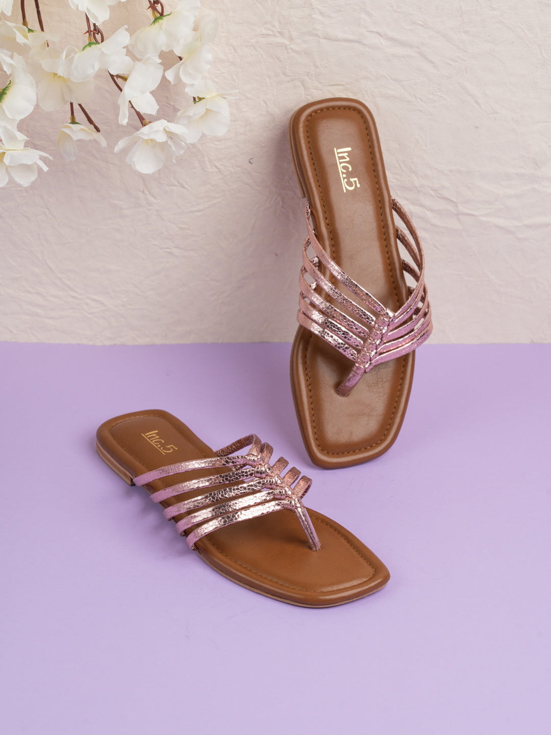 Womens Rose Gold Casual Striped T-Strap Flats Sandals