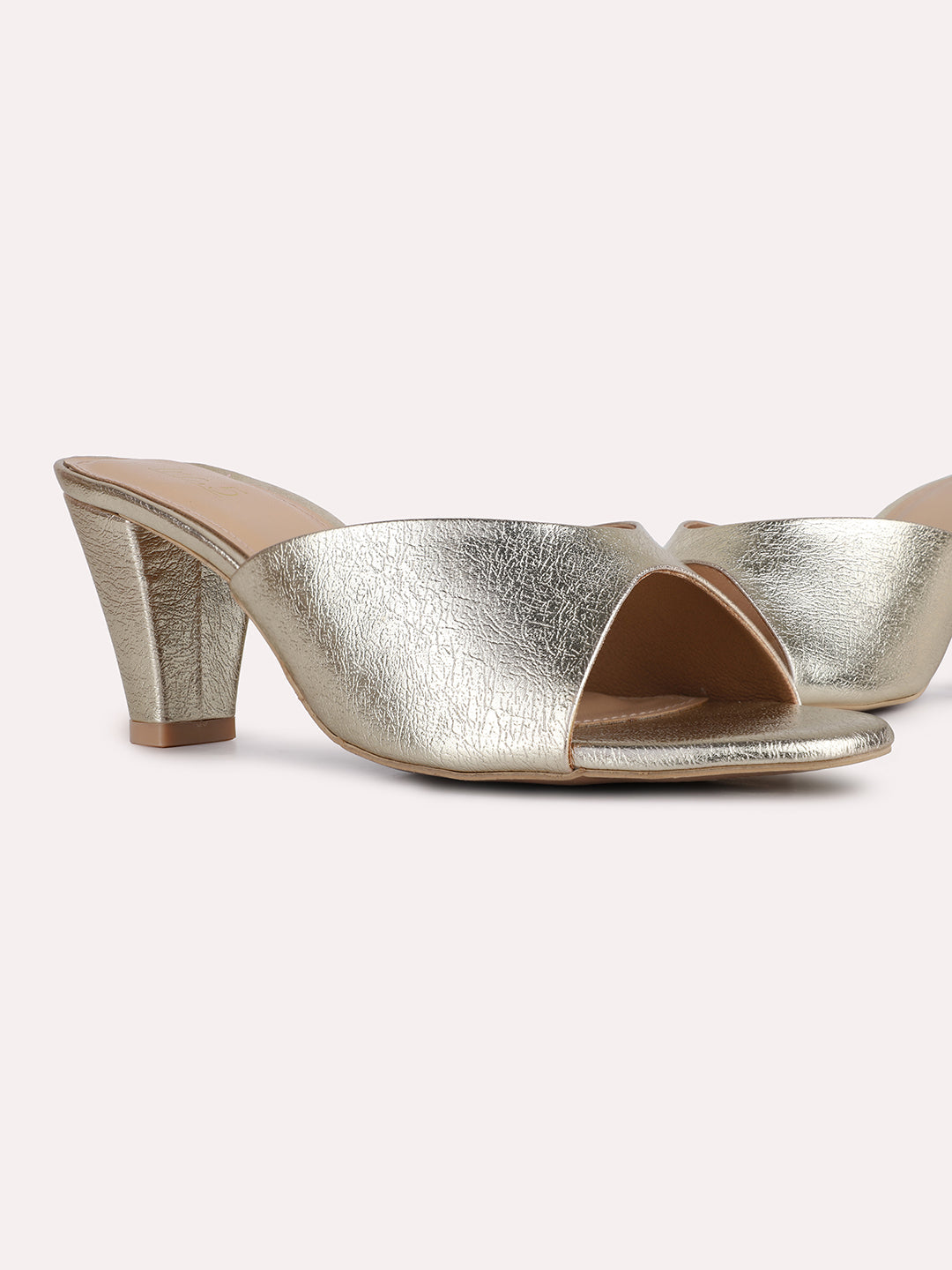 Womens Golden Party Wear Round Toe Block Heels
