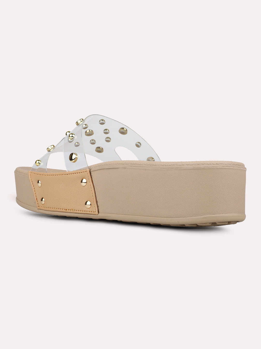 Womens Beige Transparent Round Toe Ethnic Slip-On Wedge Heels