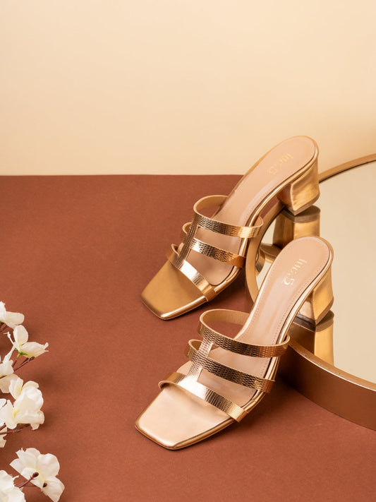 Womens Rose Gold Party Wear Striped Square Toe Block Heel Sandals