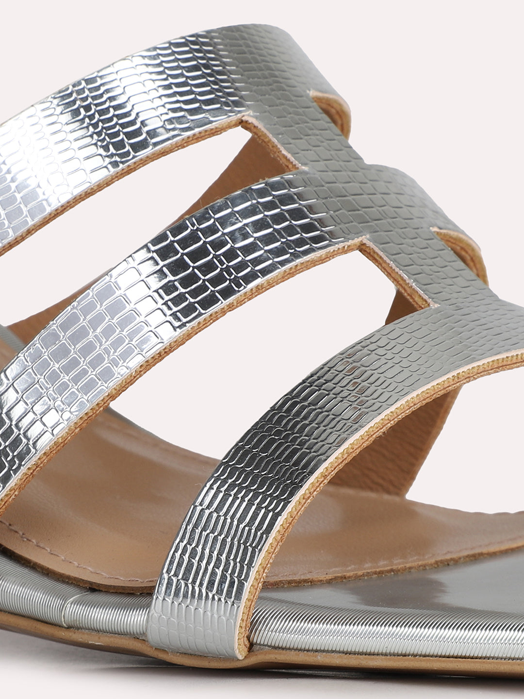 Womens Silver Party Wear Striped Square Toe Block Heel Sandals