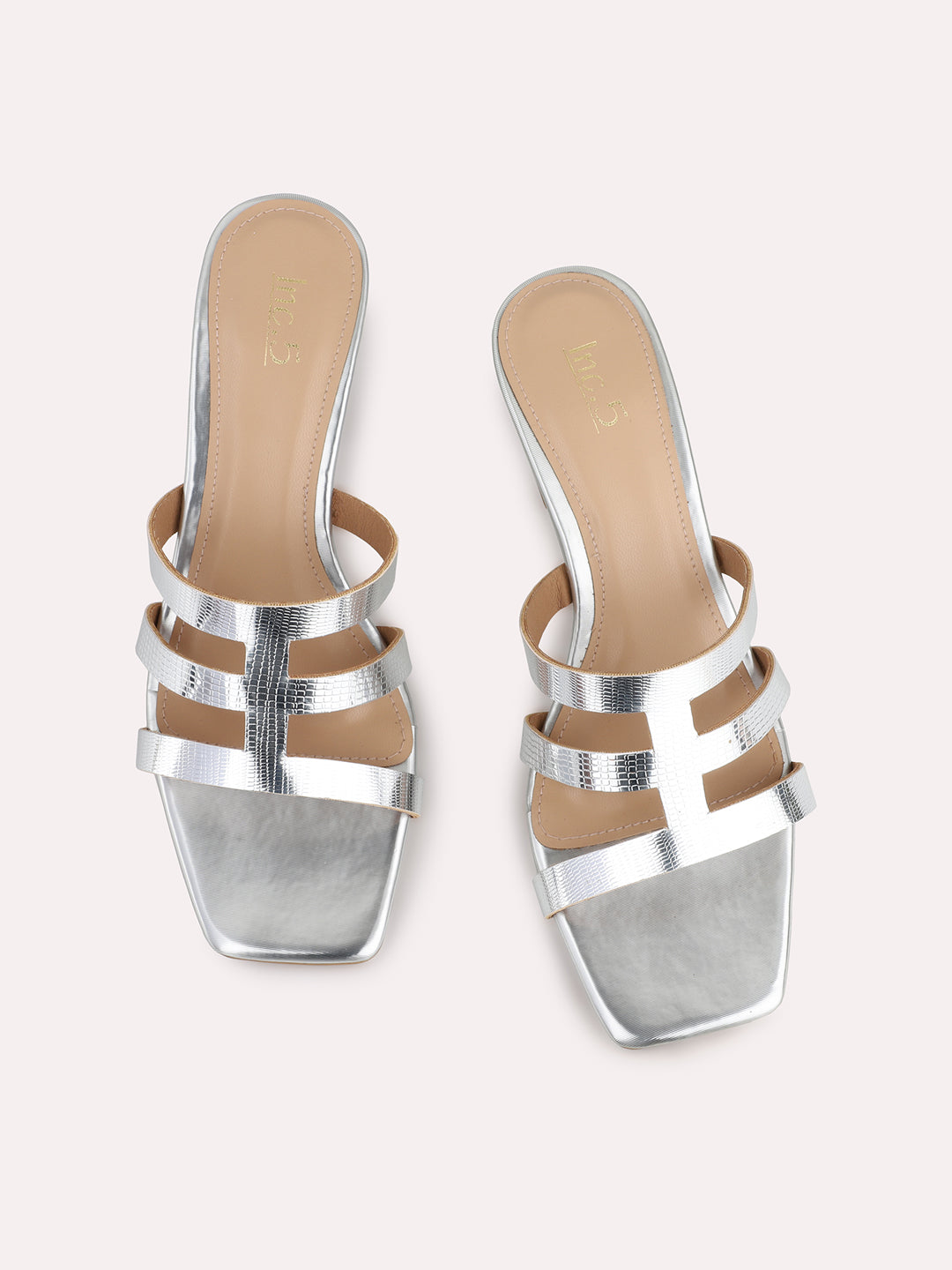 Womens Silver Party Wear Striped Square Toe Block Heel Sandals